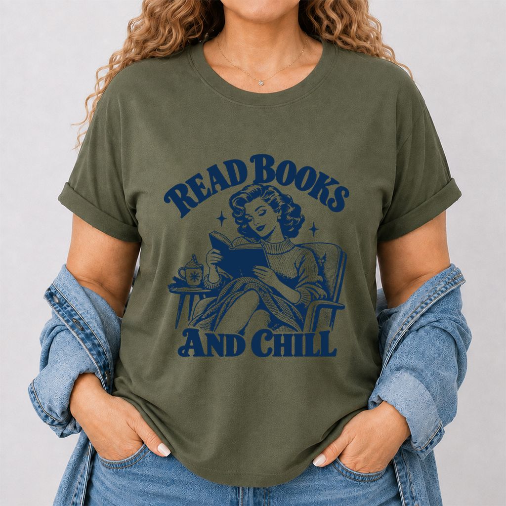 READ BOOKS AND CHILL Printed T-Shirt | Cozy Book Lover Gift Military Green