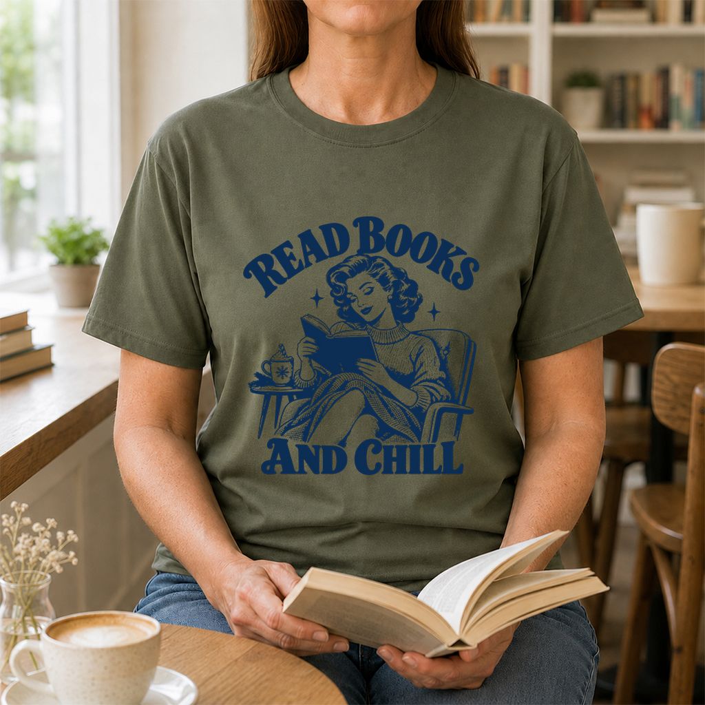 READ BOOKS AND CHILL Printed T-Shirt | Cozy Book Lover Gift Military Green