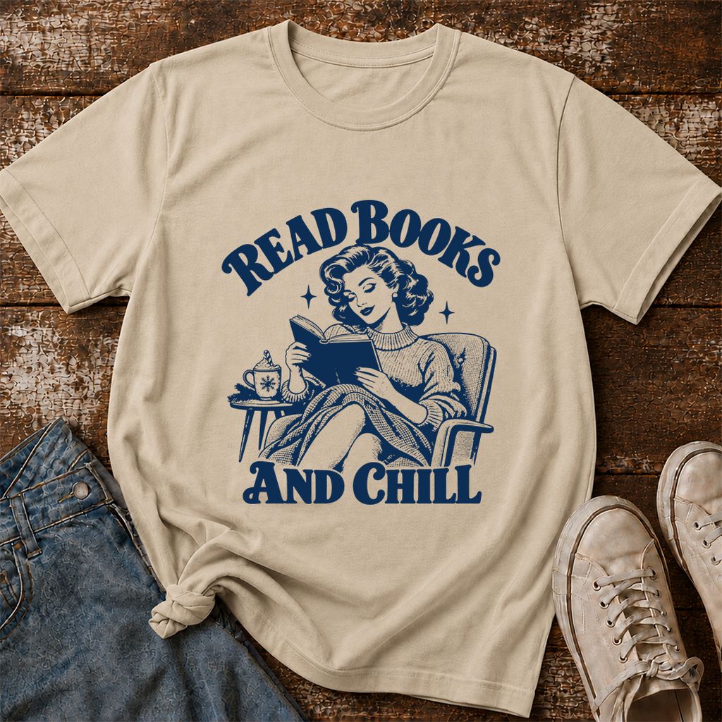READ BOOKS AND CHILL Printed T-Shirt | Cozy Book Lover Gift Sand