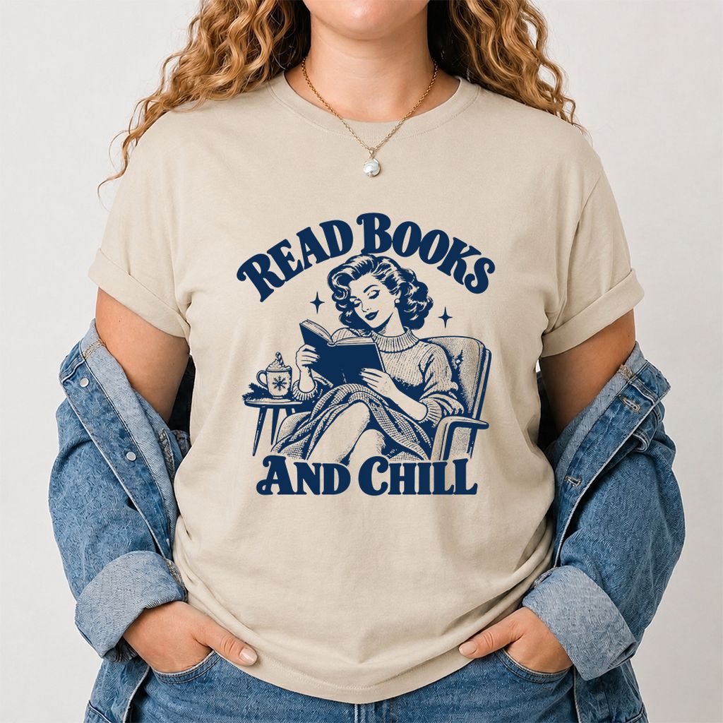 READ BOOKS AND CHILL Printed T-Shirt | Cozy Book Lover Gift Sand