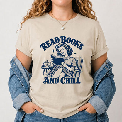 READ BOOKS AND CHILL Printed T-Shirt | Cozy Book Lover Gift Sand