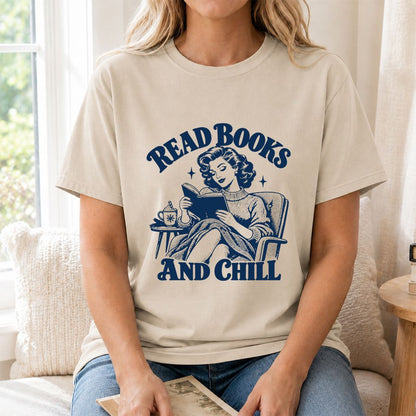 READ BOOKS AND CHILL Printed T-Shirt | Cozy Book Lover Gift Sand