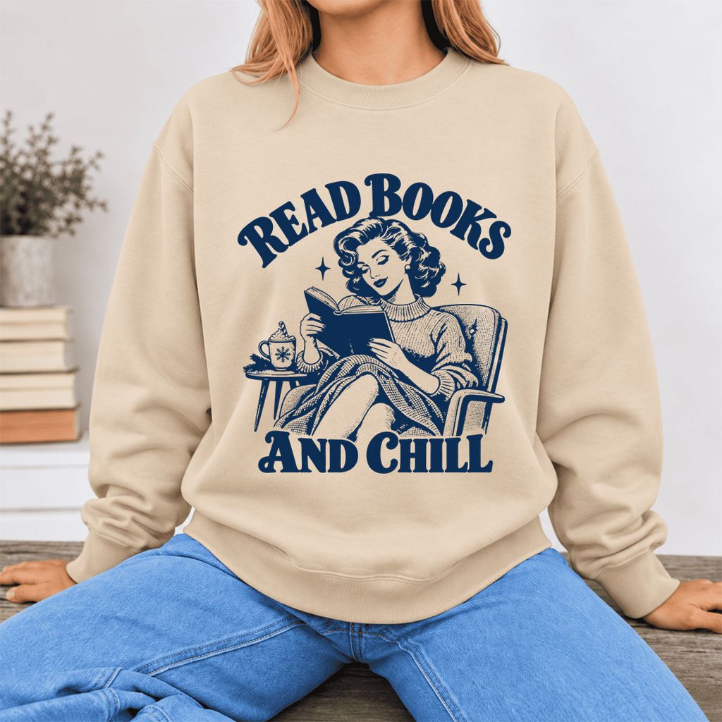 READ BOOKS AND CHILL Softstyle Sweatshirt | Cozy Book Lover Gift Sand