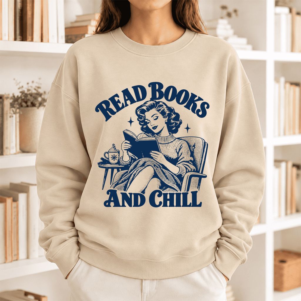 READ BOOKS AND CHILL Softstyle Sweatshirt | Cozy Book Lover Gift Sand