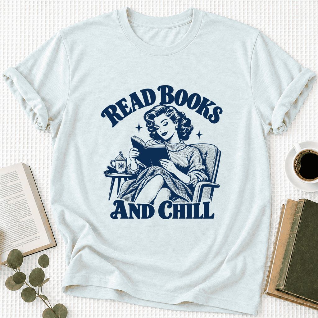READ BOOKS AND CHILL Ultra-Soft Cotton T-Shirt | Cozy Book Lover Gift Heather Ice Blue