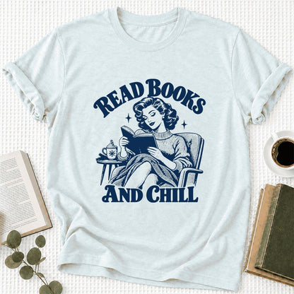 READ BOOKS AND CHILL Ultra-Soft Cotton T-Shirt | Cozy Book Lover Gift Heather Ice Blue