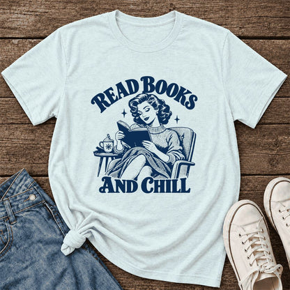 READ BOOKS AND CHILL Ultra-Soft Cotton T-Shirt | Cozy Book Lover Gift Heather Ice Blue