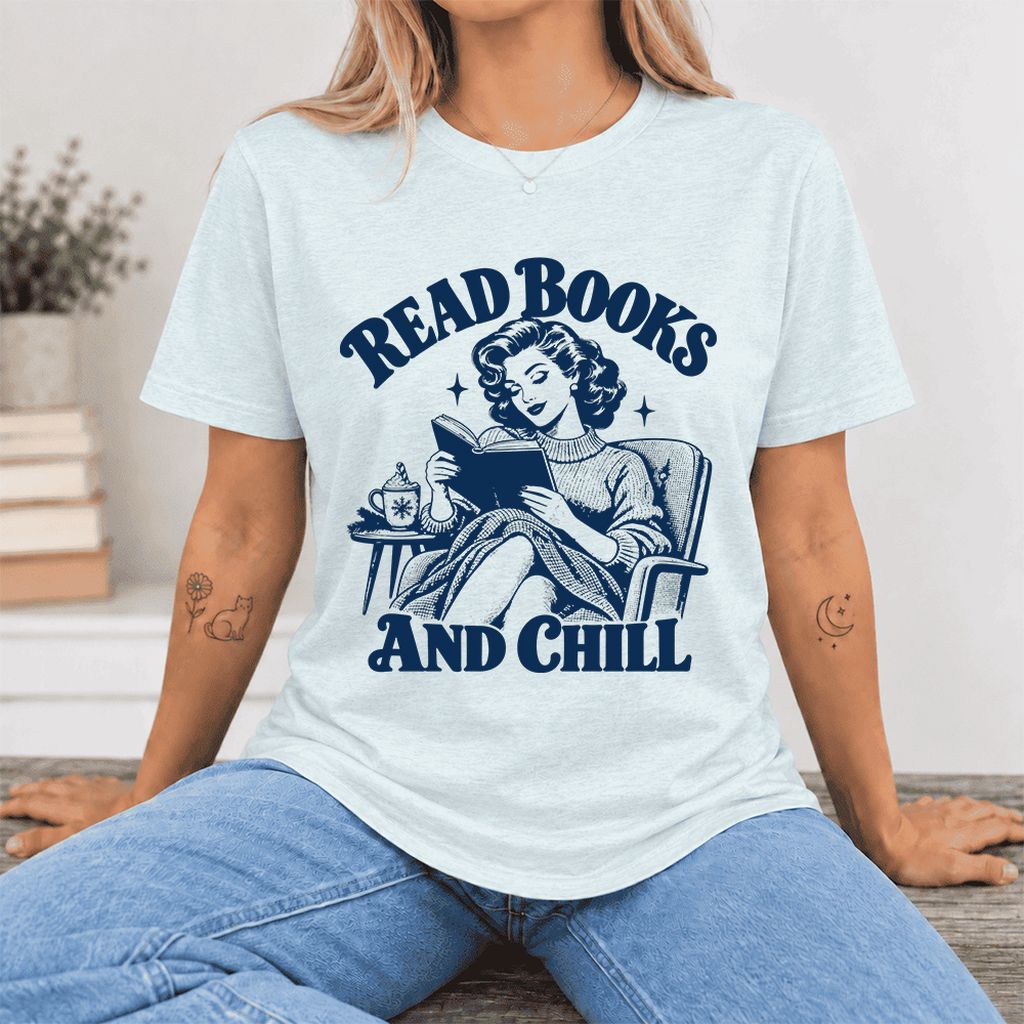 READ BOOKS AND CHILL Ultra-Soft Cotton T-Shirt | Cozy Book Lover Gift Heather Ice Blue