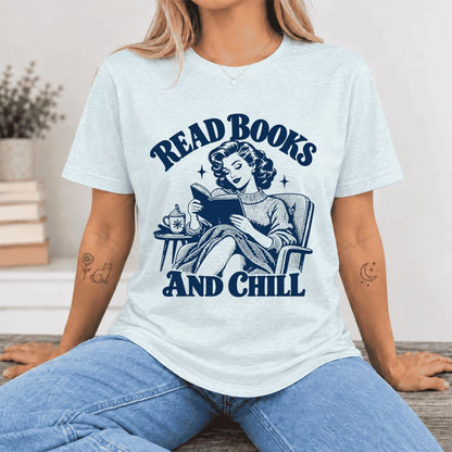 READ BOOKS AND CHILL Ultra-Soft Cotton T-Shirt | Cozy Book Lover Gift Heather Ice Blue