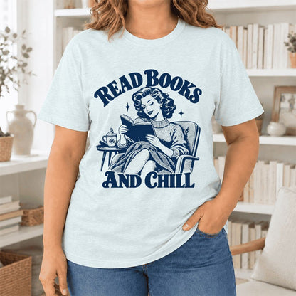 READ BOOKS AND CHILL Ultra-Soft Cotton T-Shirt | Cozy Book Lover Gift Heather Ice Blue