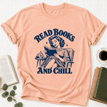 READ BOOKS AND CHILL Ultra-Soft Cotton T-Shirt | Cozy Book Lover Gift Heather Peach