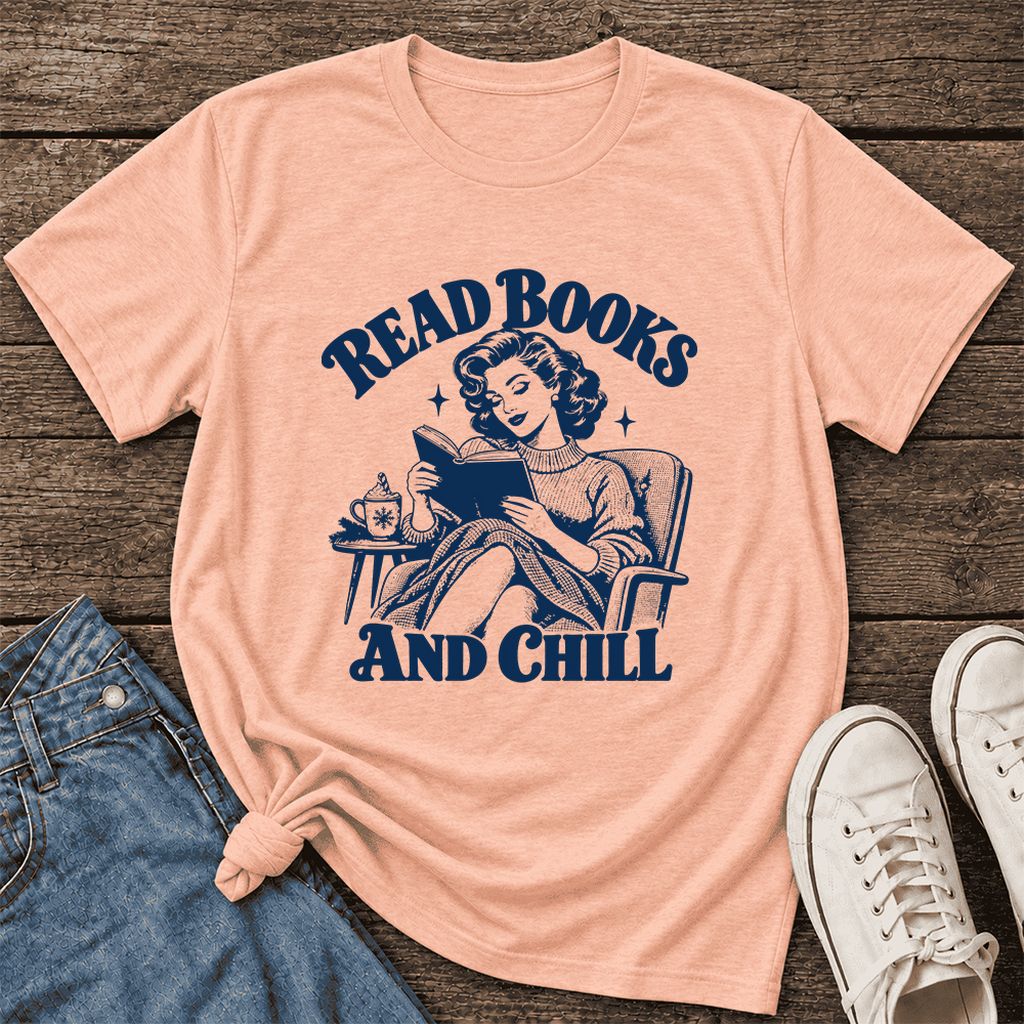 READ BOOKS AND CHILL Ultra-Soft Cotton T-Shirt | Cozy Book Lover Gift Heather Peach