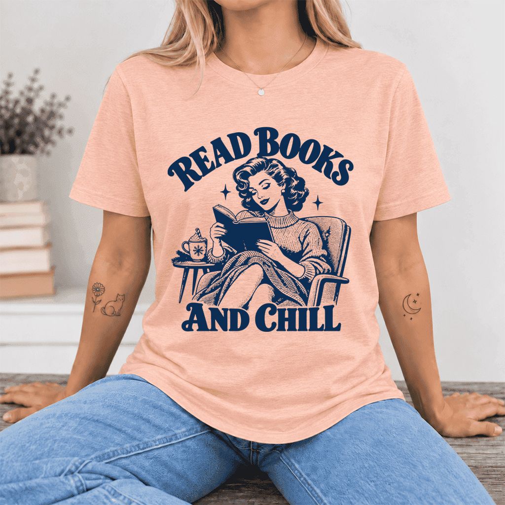 READ BOOKS AND CHILL Ultra-Soft Cotton T-Shirt | Cozy Book Lover Gift Heather Peach