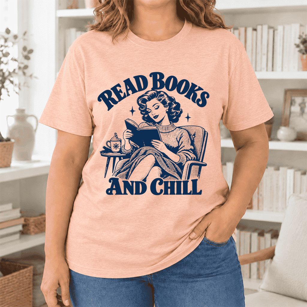 READ BOOKS AND CHILL Ultra-Soft Cotton T-Shirt | Cozy Book Lover Gift Heather Peach