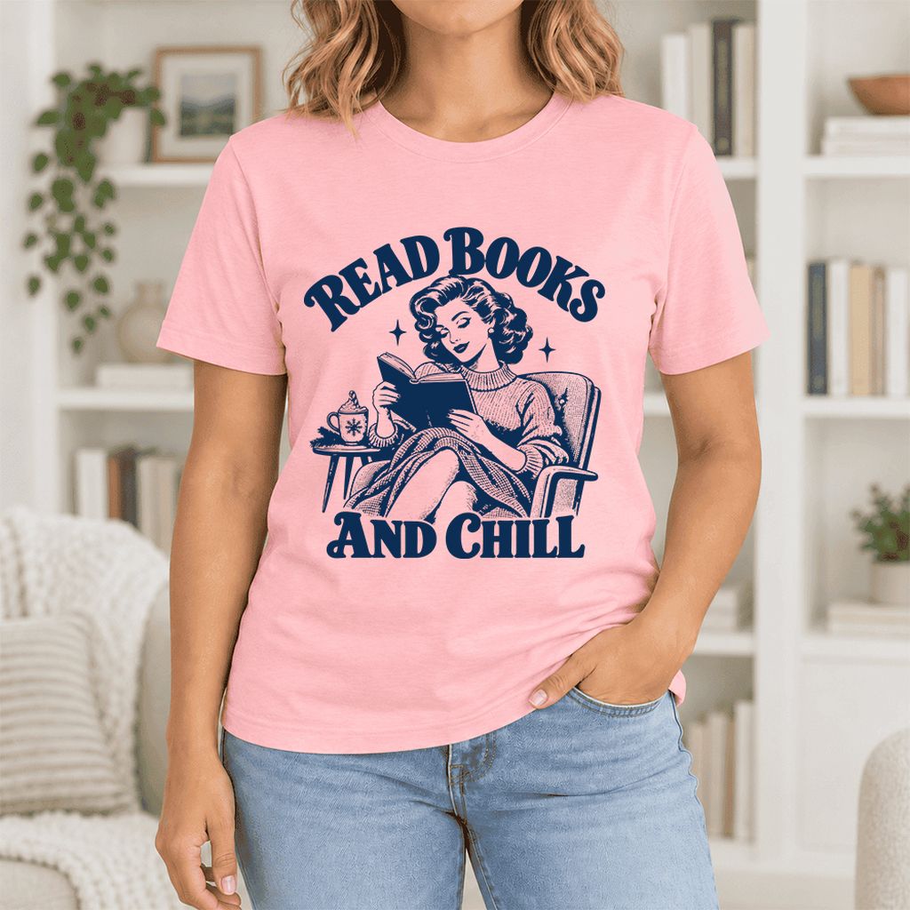 READ BOOKS AND CHILL Ultra-Soft Cotton T-Shirt | Cozy Book Lover Gift Pink