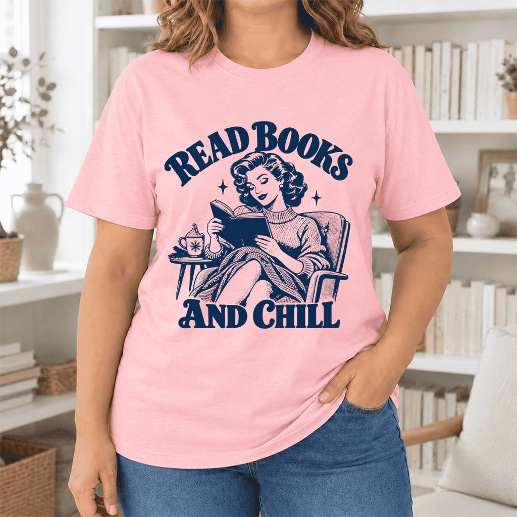 READ BOOKS AND CHILL Ultra-Soft Cotton T-Shirt | Cozy Book Lover Gift Pink
