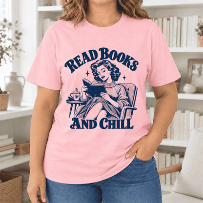 READ BOOKS AND CHILL Ultra-Soft Cotton T-Shirt | Cozy Book Lover Gift Pink