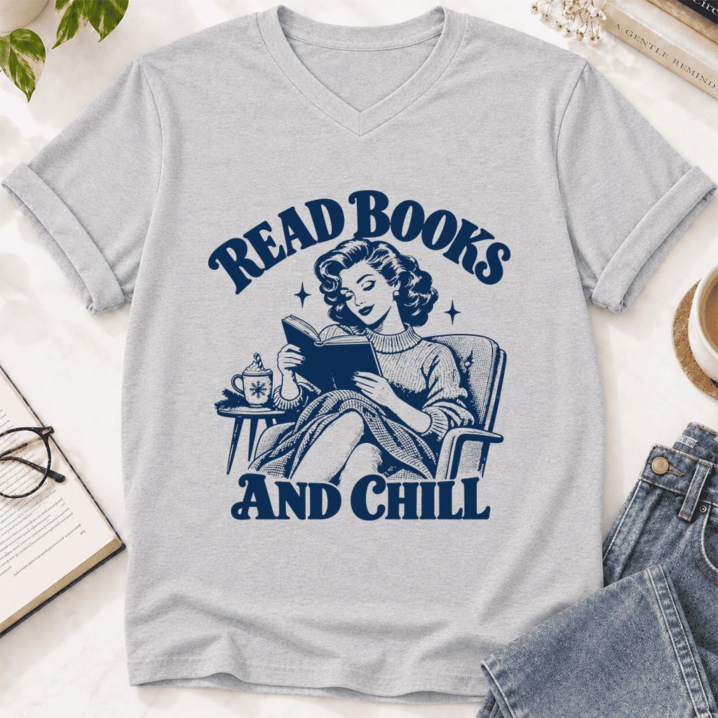 READ BOOKS AND CHILL Ultra-Soft V-Neck | Cozy Book Lover Gift Ash