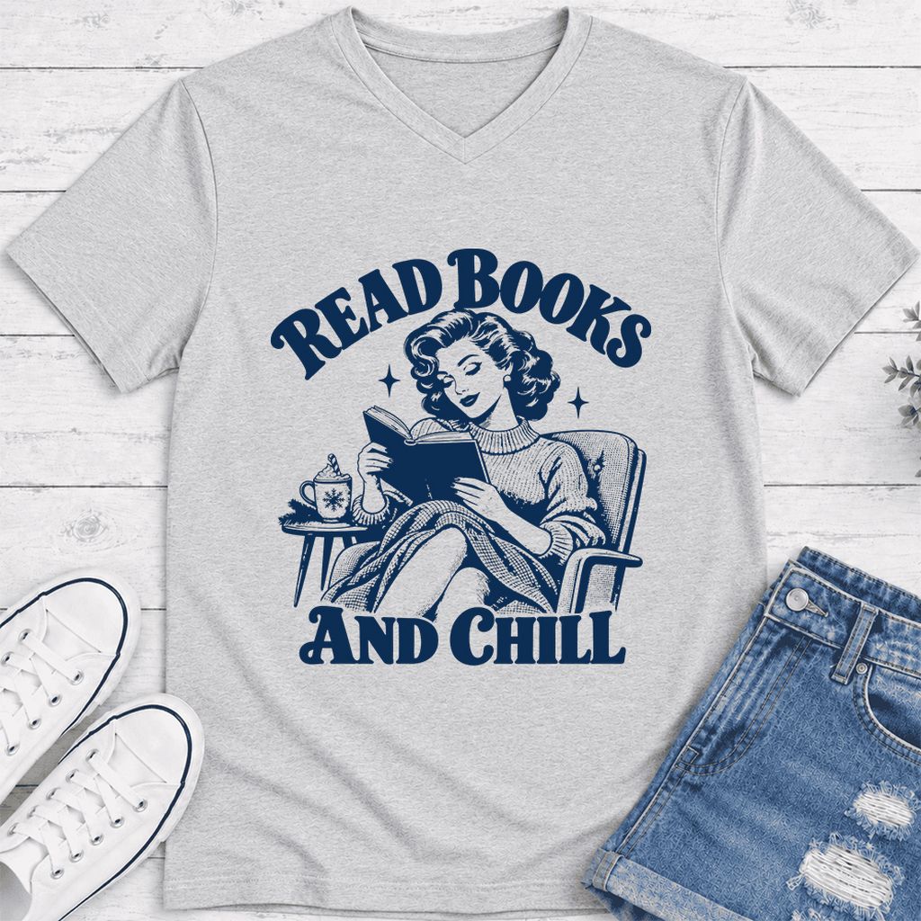 READ BOOKS AND CHILL Ultra-Soft V-Neck | Cozy Book Lover Gift Ash