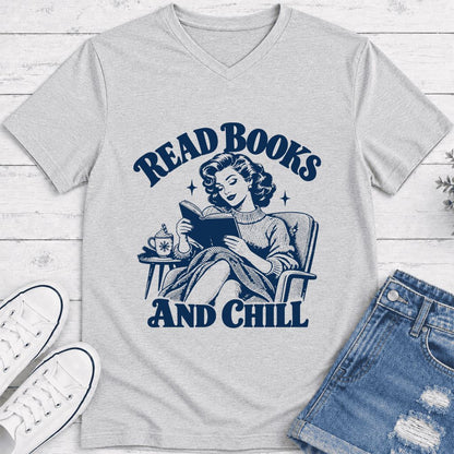 READ BOOKS AND CHILL Ultra-Soft V-Neck | Cozy Book Lover Gift Ash