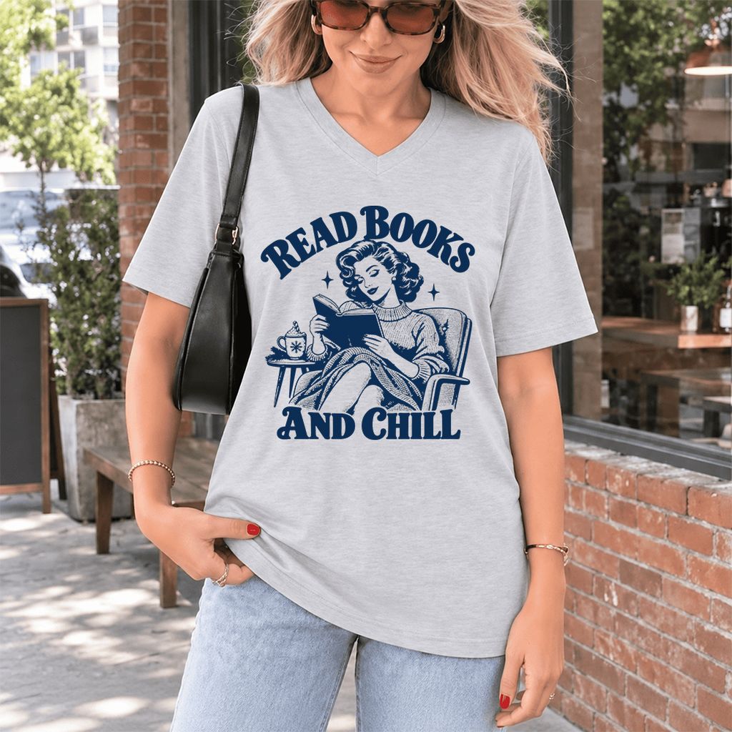 READ BOOKS AND CHILL Ultra-Soft V-Neck | Cozy Book Lover Gift Ash