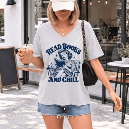 READ BOOKS AND CHILL Ultra-Soft V-Neck | Cozy Book Lover Gift Ash