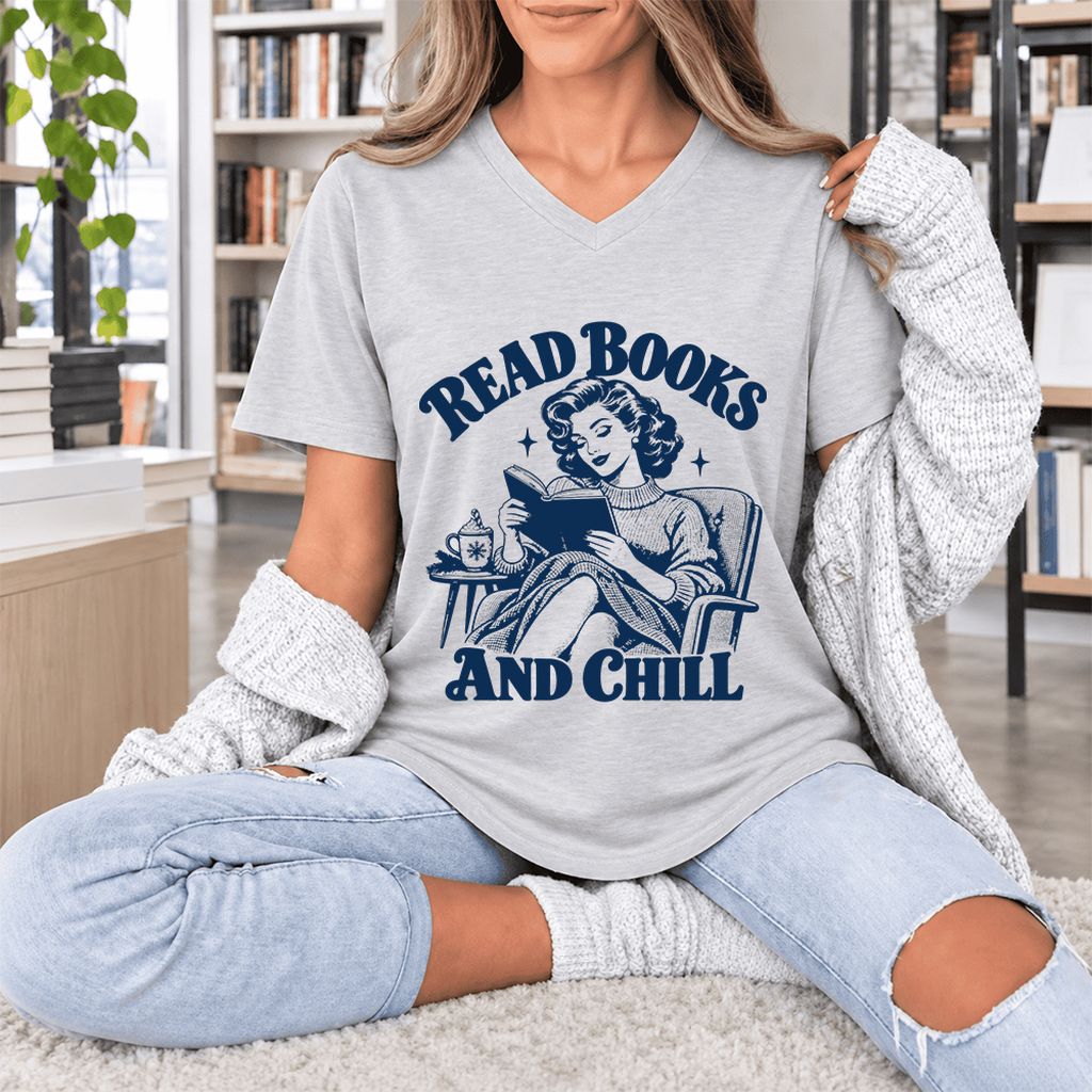 READ BOOKS AND CHILL Ultra-Soft V-Neck | Cozy Book Lover Gift Ash