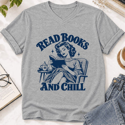 READ BOOKS AND CHILL Ultra-Soft V-Neck | Cozy Book Lover Gift Athletic Heather