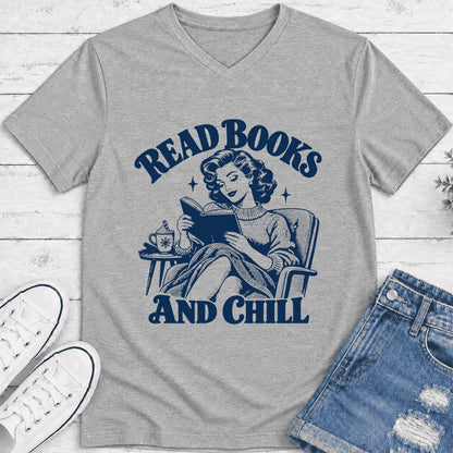 READ BOOKS AND CHILL Ultra-Soft V-Neck | Cozy Book Lover Gift Athletic Heather