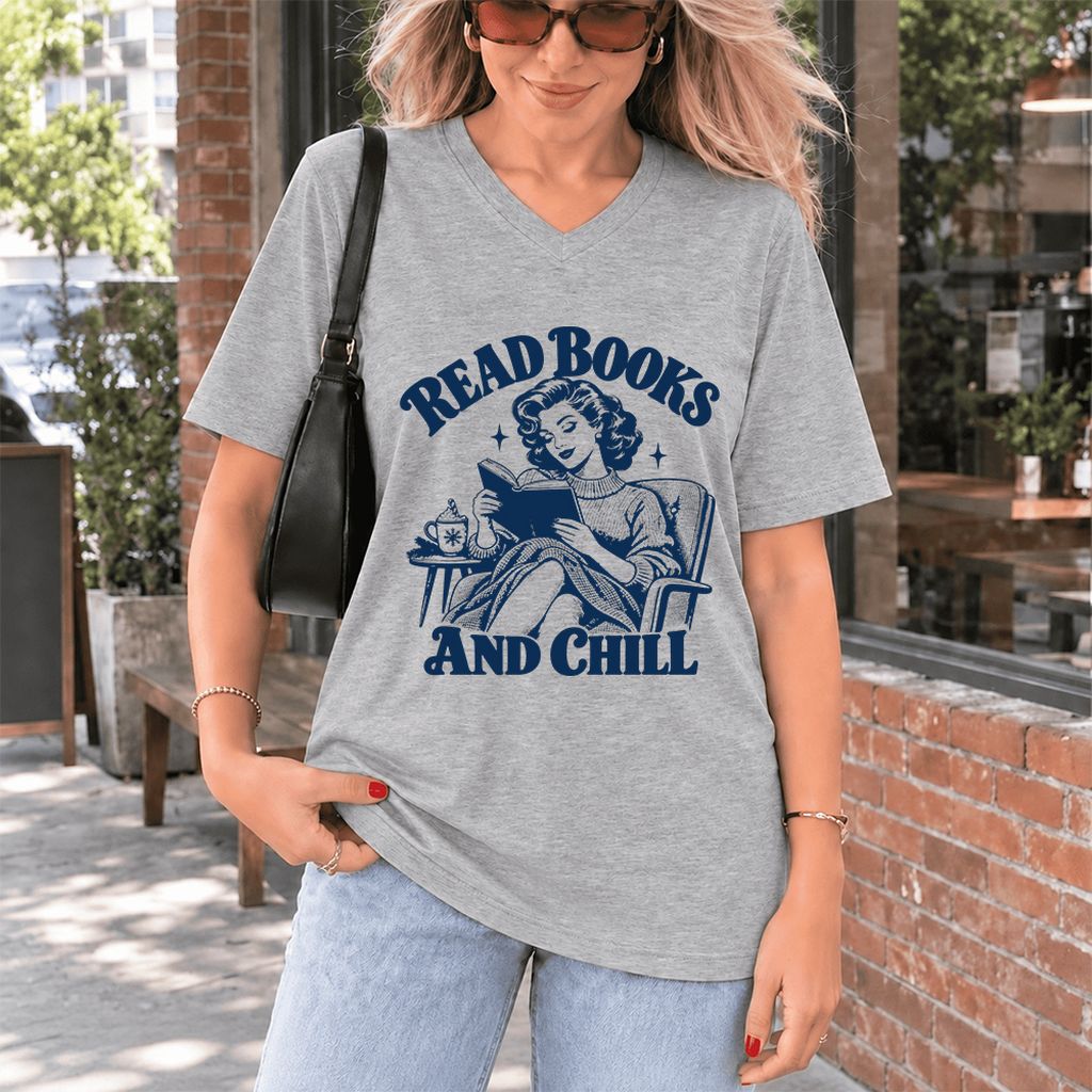 READ BOOKS AND CHILL Ultra-Soft V-Neck | Cozy Book Lover Gift Athletic Heather