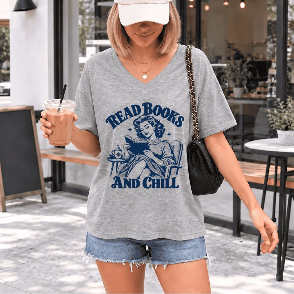 READ BOOKS AND CHILL Ultra-Soft V-Neck | Cozy Book Lover Gift Athletic Heather