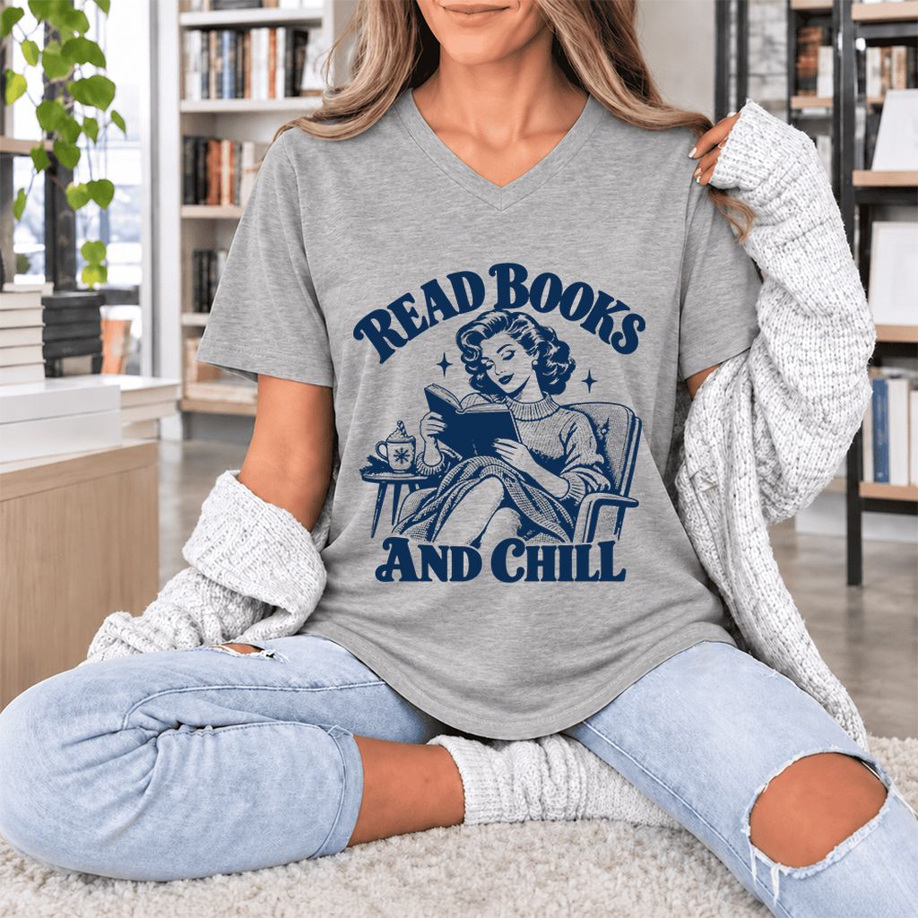 READ BOOKS AND CHILL Ultra-Soft V-Neck | Cozy Book Lover Gift Athletic Heather