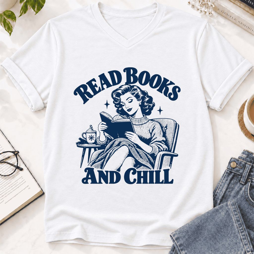 READ BOOKS AND CHILL Ultra-Soft V-Neck | Cozy Book Lover Gift White