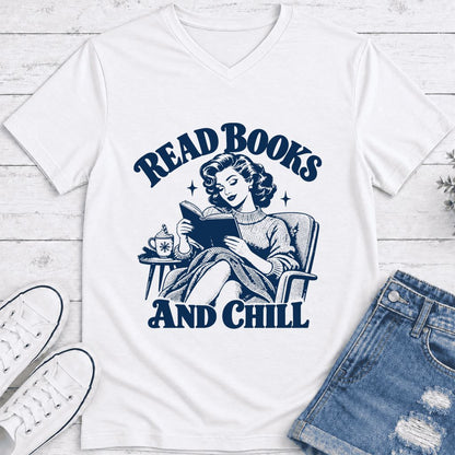 READ BOOKS AND CHILL Ultra-Soft V-Neck | Cozy Book Lover Gift White