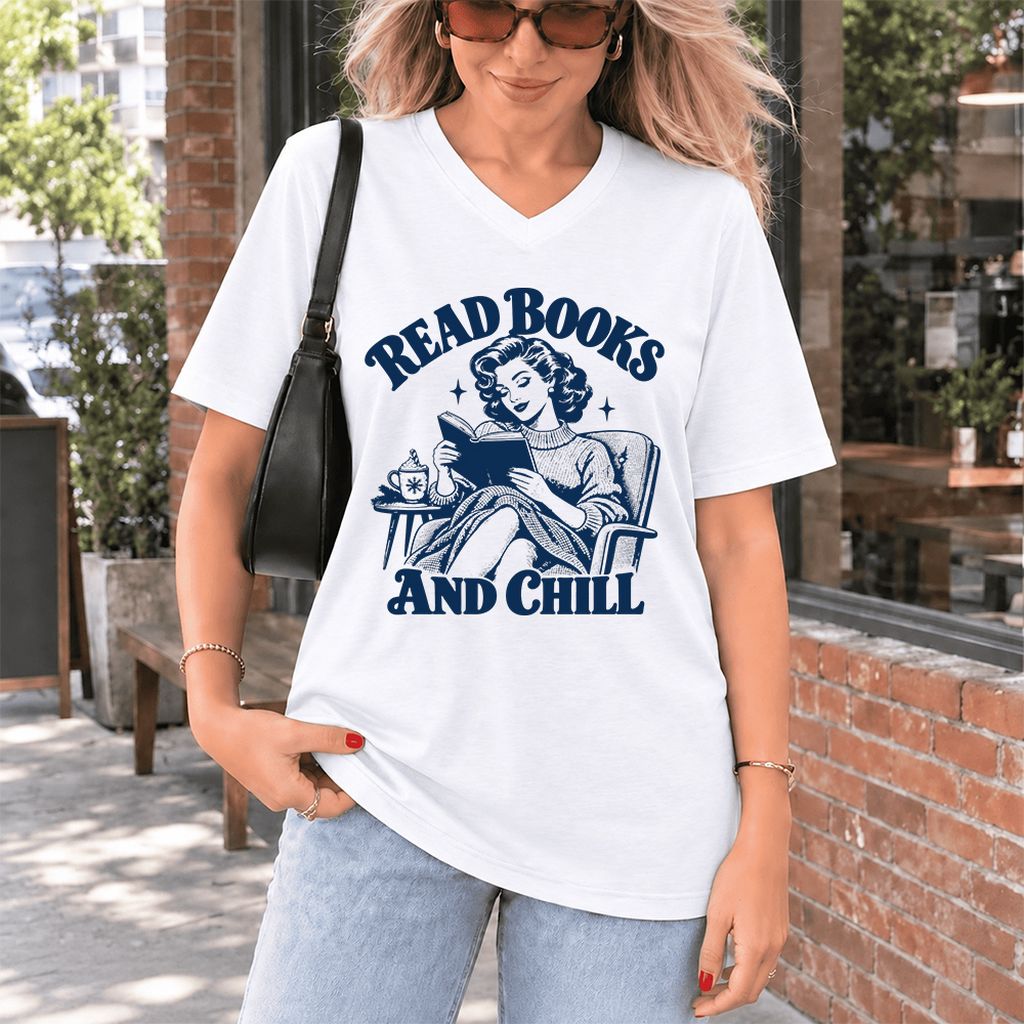 READ BOOKS AND CHILL Ultra-Soft V-Neck | Cozy Book Lover Gift White