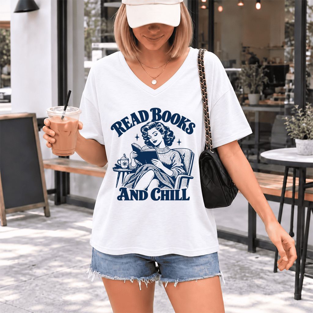 READ BOOKS AND CHILL Ultra-Soft V-Neck | Cozy Book Lover Gift White