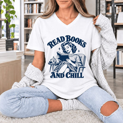 READ BOOKS AND CHILL Ultra-Soft V-Neck | Cozy Book Lover Gift White