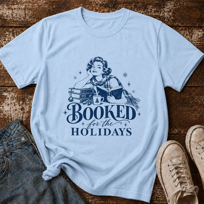 Booked for the Holidays Printed T-Shirt | Christmas Reader Gift Light Blue