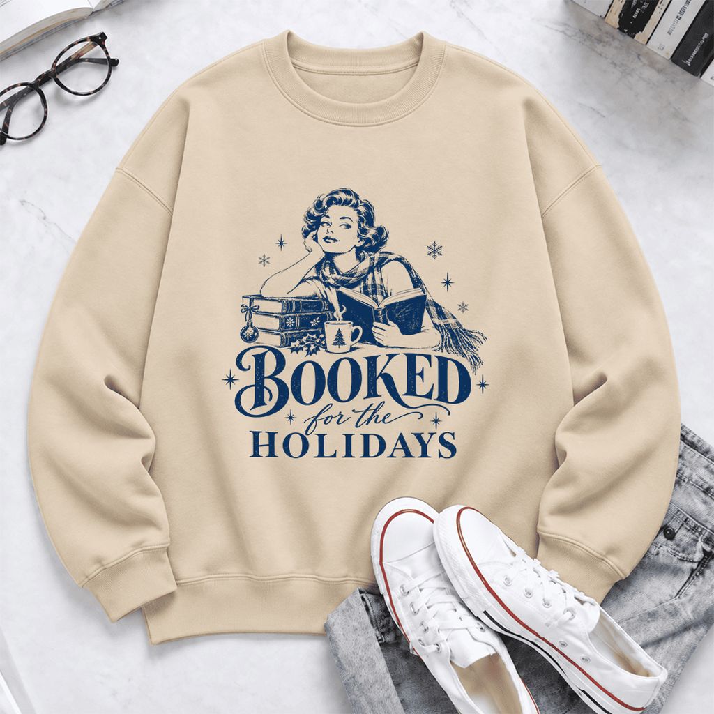 Booked For The Holidays Softstyle Sweatshirt | Cozy Christmas Reader Gift Sand