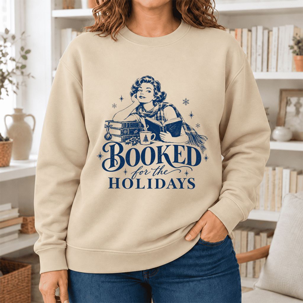 Booked For The Holidays Softstyle Sweatshirt | Cozy Christmas Reader Gift Sand