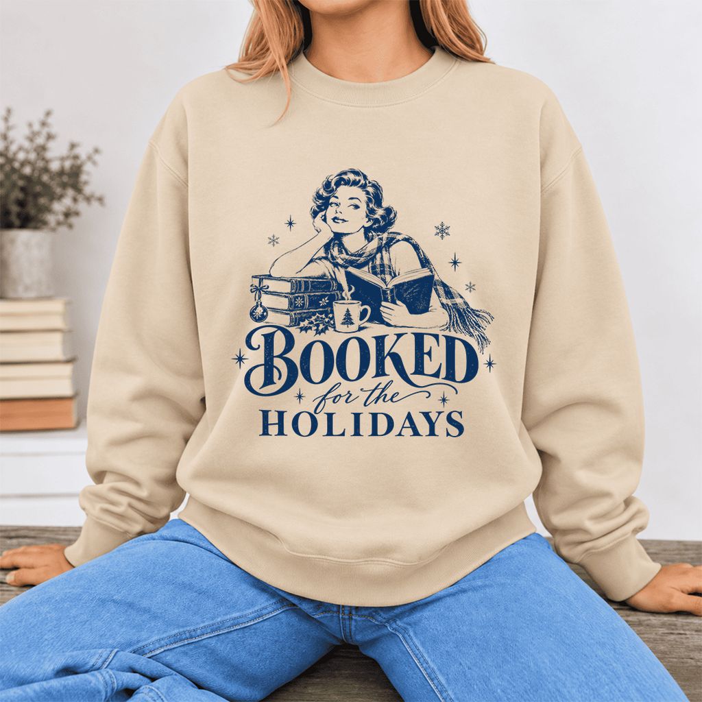 Booked For The Holidays Softstyle Sweatshirt | Cozy Christmas Reader Gift Sand