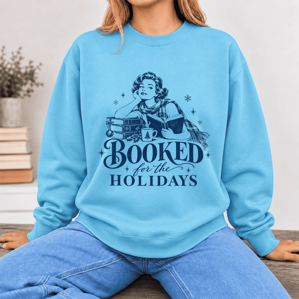 Booked For The Holidays Softstyle Sweatshirt | Cozy Christmas Reader Gift Sky