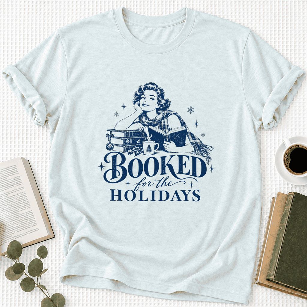 Booked for the Holidays Ultra-Soft Cotton T-Shirt | Christmas Reader Gift Heather Ice Blue