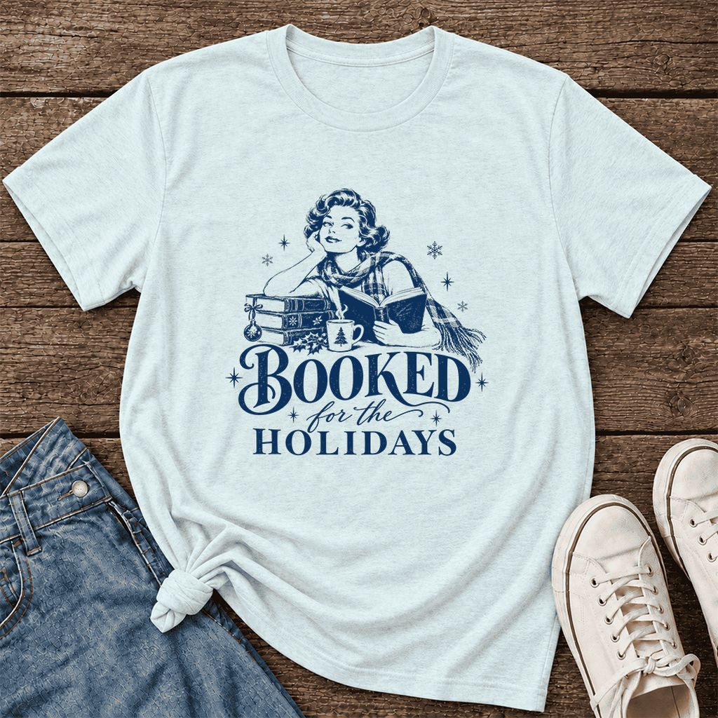 Booked for the Holidays Ultra-Soft Cotton T-Shirt | Christmas Reader Gift Heather Ice Blue