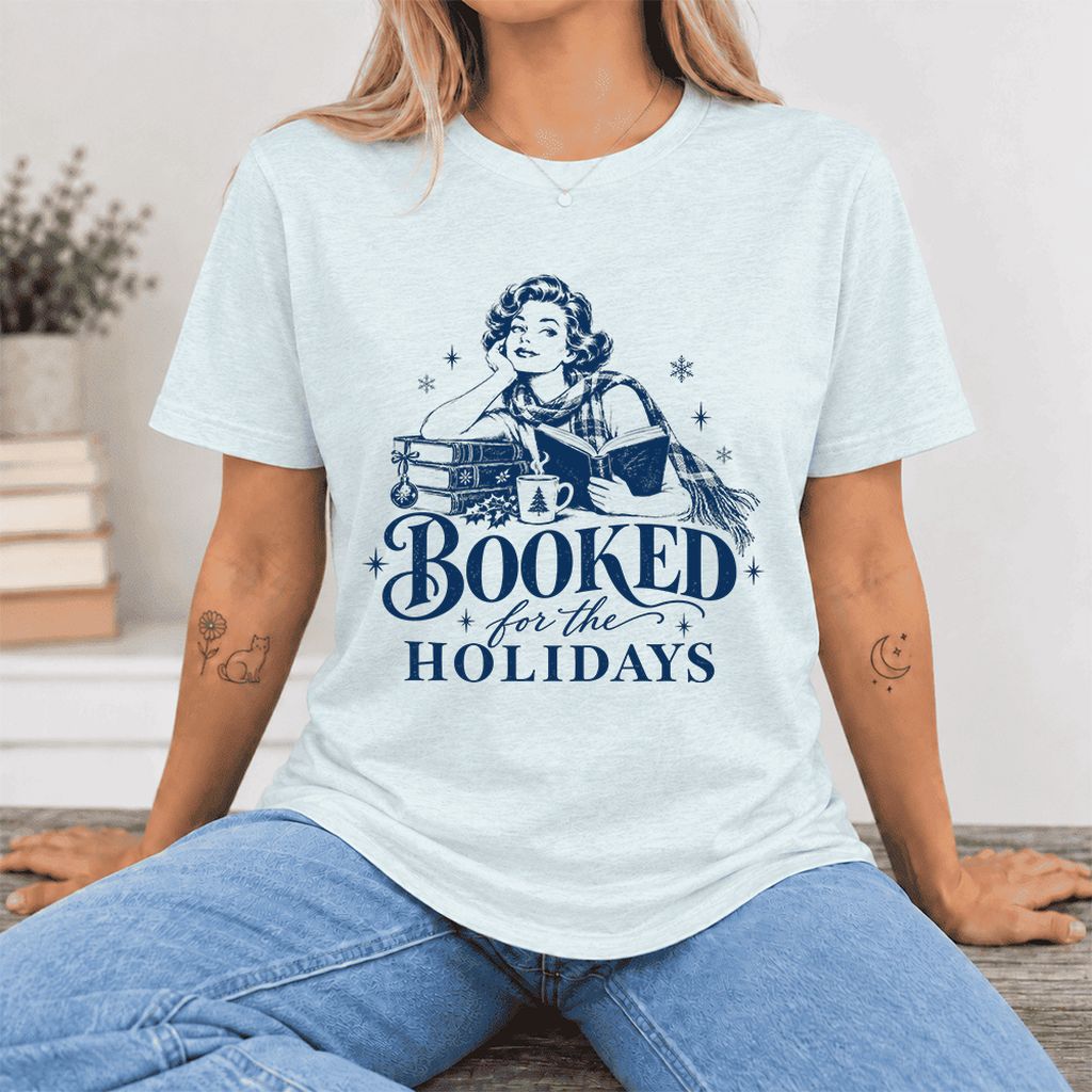 Booked for the Holidays Ultra-Soft Cotton T-Shirt | Christmas Reader Gift Heather Ice Blue