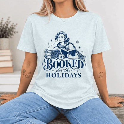 Booked for the Holidays Ultra-Soft Cotton T-Shirt | Christmas Reader Gift Heather Ice Blue