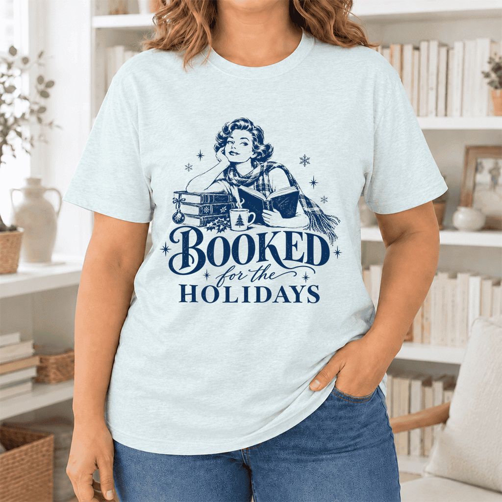 Booked for the Holidays Ultra-Soft Cotton T-Shirt | Christmas Reader Gift Heather Ice Blue