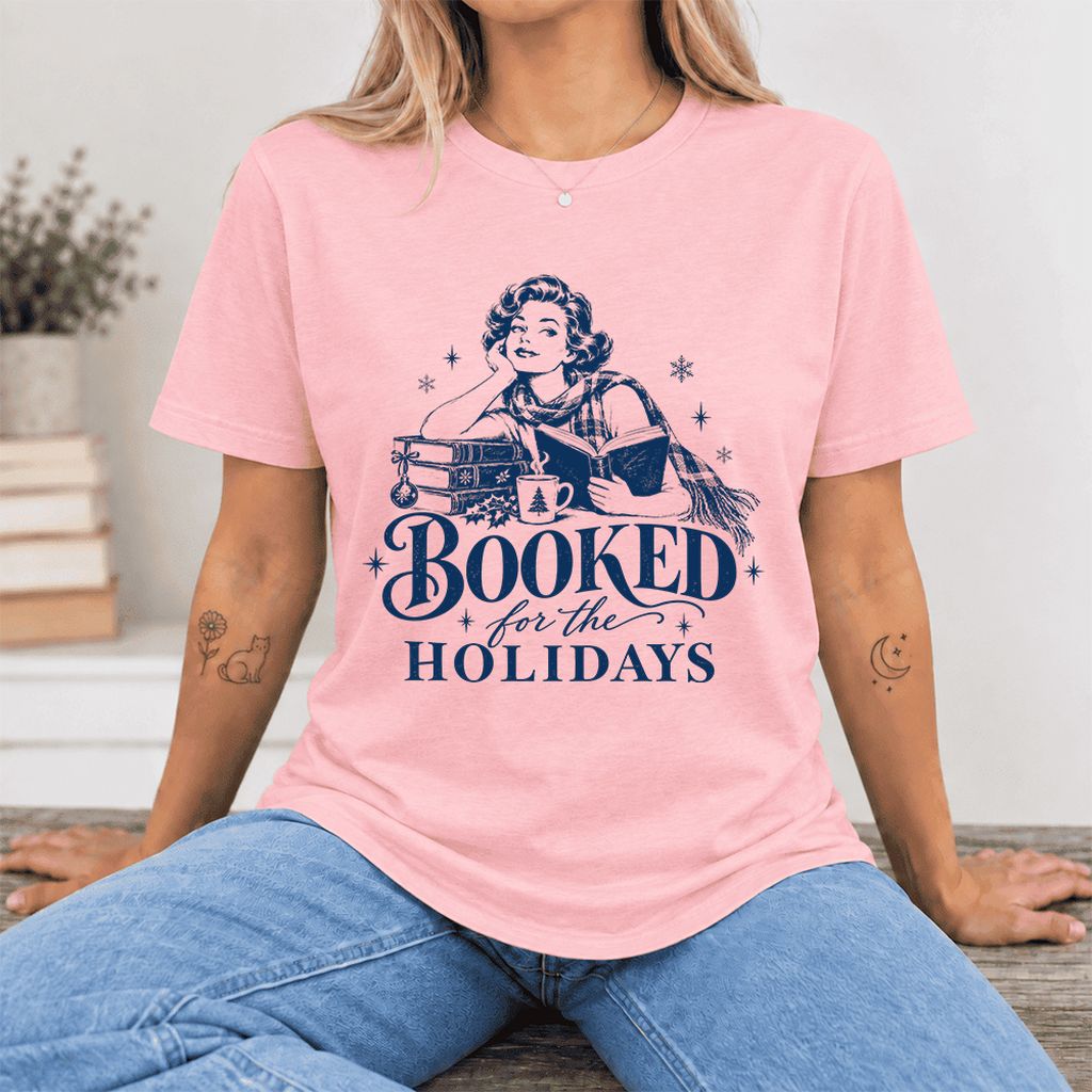 Booked for the Holidays Ultra-Soft Cotton T-Shirt | Christmas Reader Gift Pink