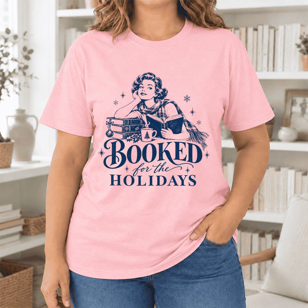Booked for the Holidays Ultra-Soft Cotton T-Shirt | Christmas Reader Gift Pink