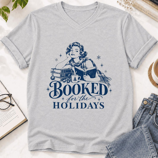 Booked for the Holidays Ultra-Soft V-Neck | Christmas Reader Gift Ash